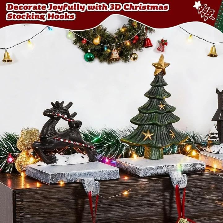 IGOHEALS Stocking Holders for Mantle – 3D Christmas Stocking Holder Heavy Duty Cast Iron Garland Hangers for Mantel with Non-Slip Base | Xmas Decor, Sturdy Fireplaces Hook (Tree and Deer) - Image 3